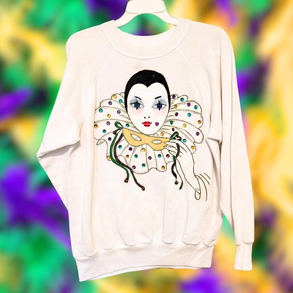Rare 1980s Vintage Mardi Gras Crewneck Sweatshirt ⚜️ Large ⚜️VTG Jester Crewneck
